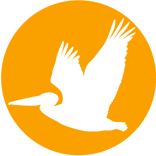 Orange circle with white pelican silhouette icon